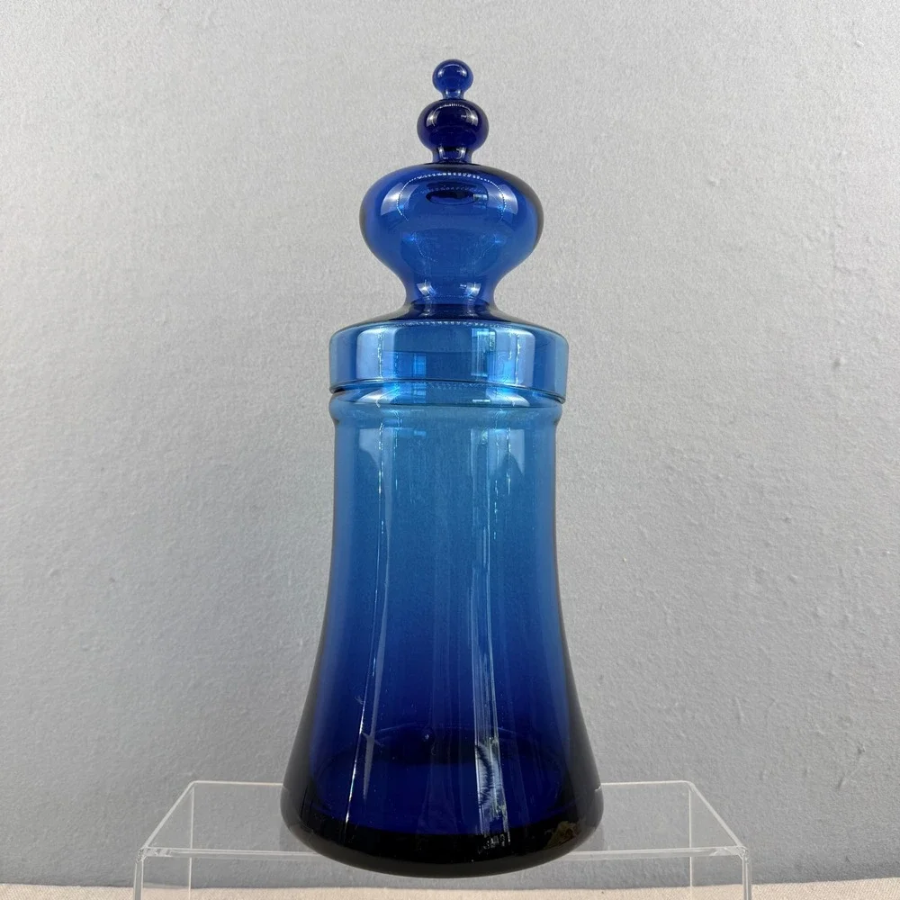 Vintage Empoli Style Italian Blue Glass Apothecary Jar with Lid MCM 14" Italy - Picture 4 of 9